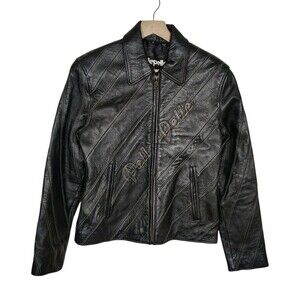 Vtg Pelle Pelle Women’s Leather Jacket Black Real Leather Logo Y2K Moto Size 10